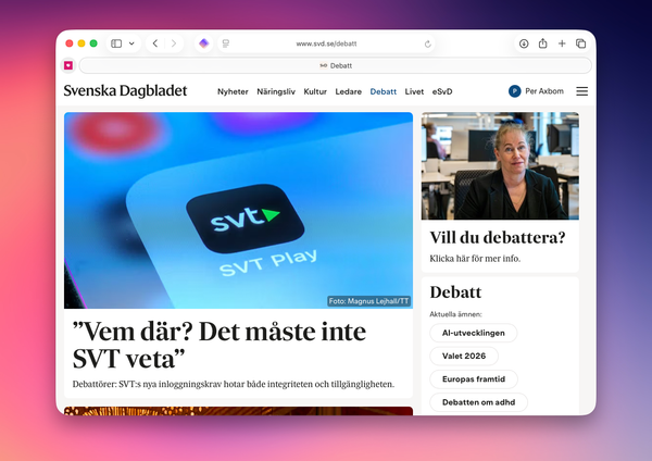Skärmdump från SVT som visar SVT:s debattsida där vårt artikel ligger högst upp: "Vem där? Det måste inte SVT veta"